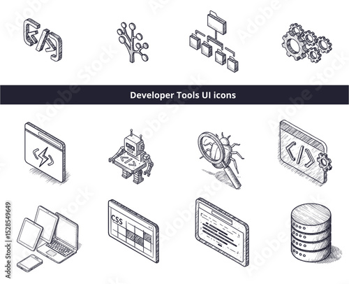 Developer Tools UI Icons Set, Vector Sketch and Isometric Style, Monochromatic, Transparent Background. Software Development, UI Design, Application Interface, Programming, Web Design