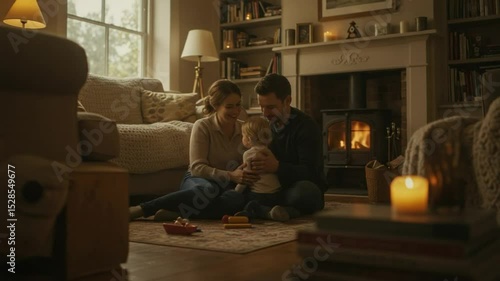 Happy Family by Fireplace, Cozy Home, Winter Evening