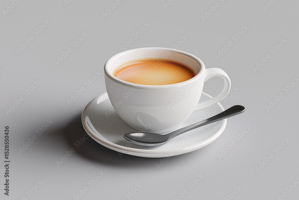 Elegant White Porcelain Coffee Cup with Saucer and Spoon. Hot Beverage for Morning Relaxation and Afternoon Break, Featuring Caffeine Boost for a Modern Breakfast Lifestyle Elegant White Porcelain Coffee Cup with Saucer and Spoon. Hot Beverage for Morning Relaxation and Afternoon Break, Featuring Caffeine Boost for a Modern Breakfast Lifestyle