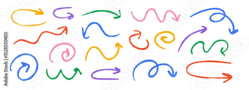 Hand drawn crayon wavy arrow collection. Colored curved, wiggle and squiggle doodled arrows set. Charcoal sketch pointer and direction lines. Vector pastel pencil, chalk or marker brush strokes