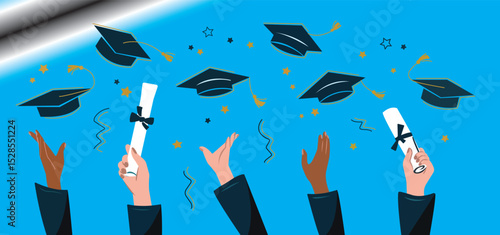 Happy graduate students hands throwing graduation caps. Hands holding diploma graduation. Silhouette high achievements. Graduation event. Flat design modern vector illustration concept