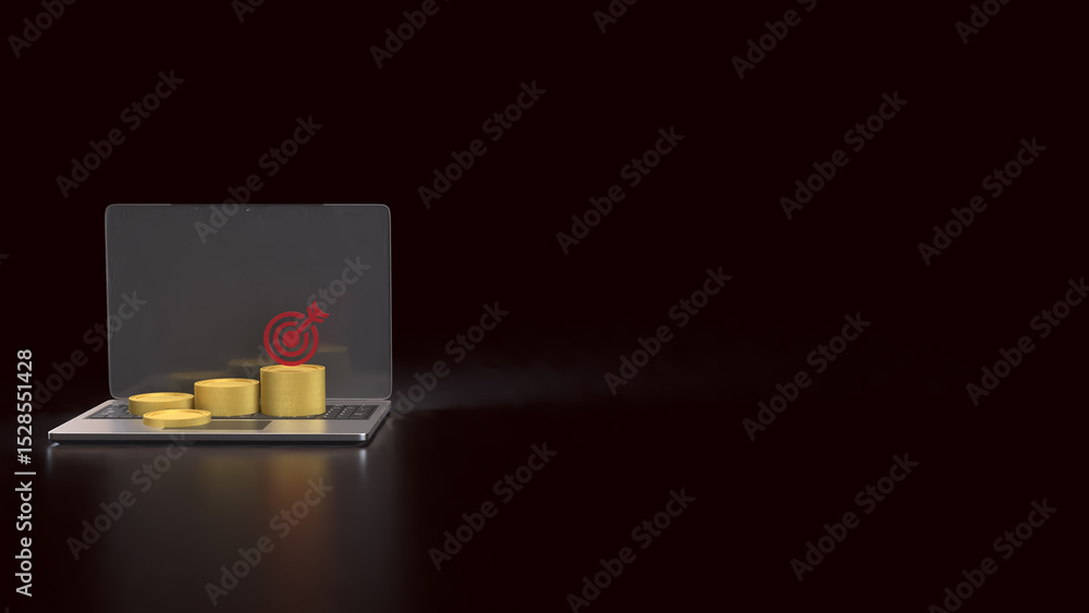 The Gold coins and red target on laptop for Business concept 3d Rendering. The Gold coins and red target on laptop for Business concept 3d Rendering.