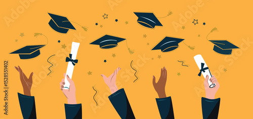 Happy graduate students hands throwing graduation caps. Hands holding diploma graduation. Silhouette high achievements. Graduation event. Flat design modern vector illustration concept