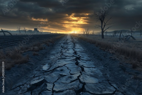 Cracked Ground Pathway under Dramatic Sky. Surreal Nature Photography of Rural Desolate Landscapes