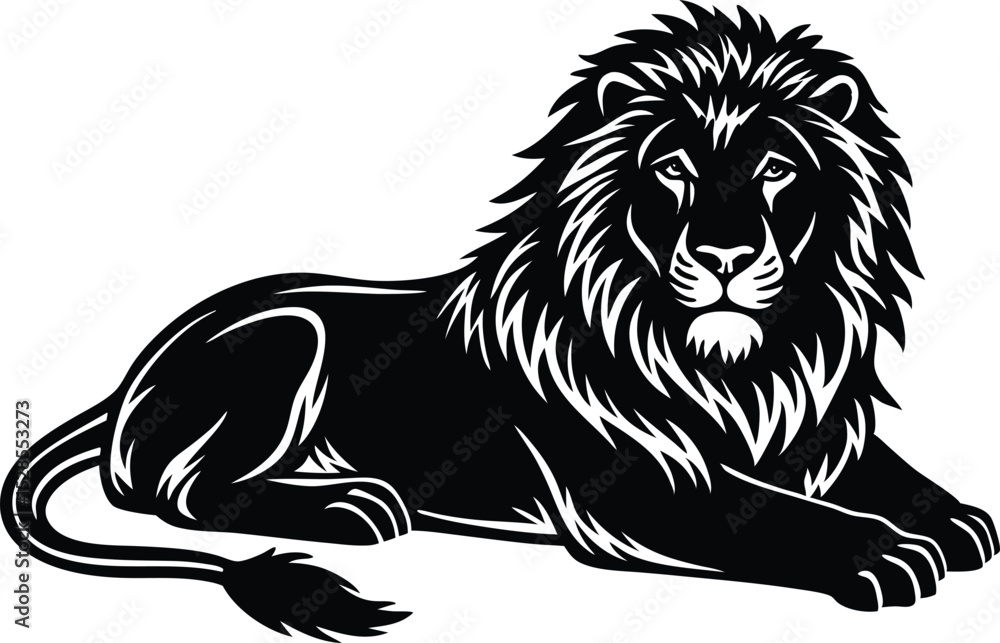 Obraz premium Resting Lion Vector Illustration, Majestic Black Silhouette of Male Lion Lying Down