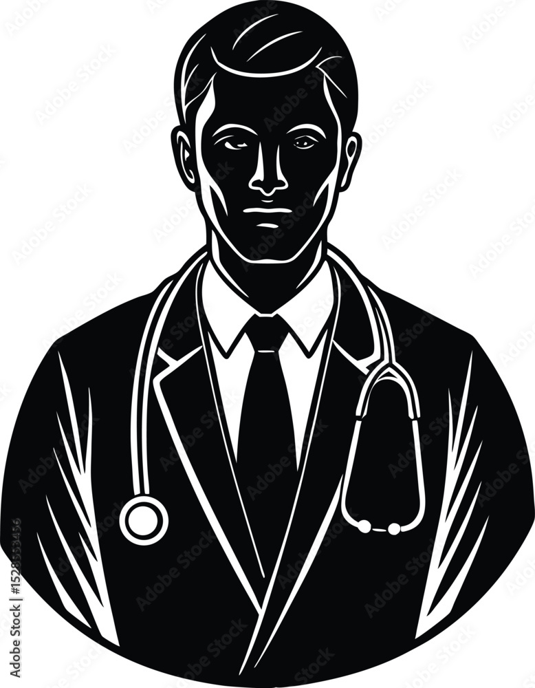 Professional Doctor Vector Illustration, Medical Silhouette with Stethoscope Professional Doctor Vector Illustration, Medical Silhouette with Stethoscope