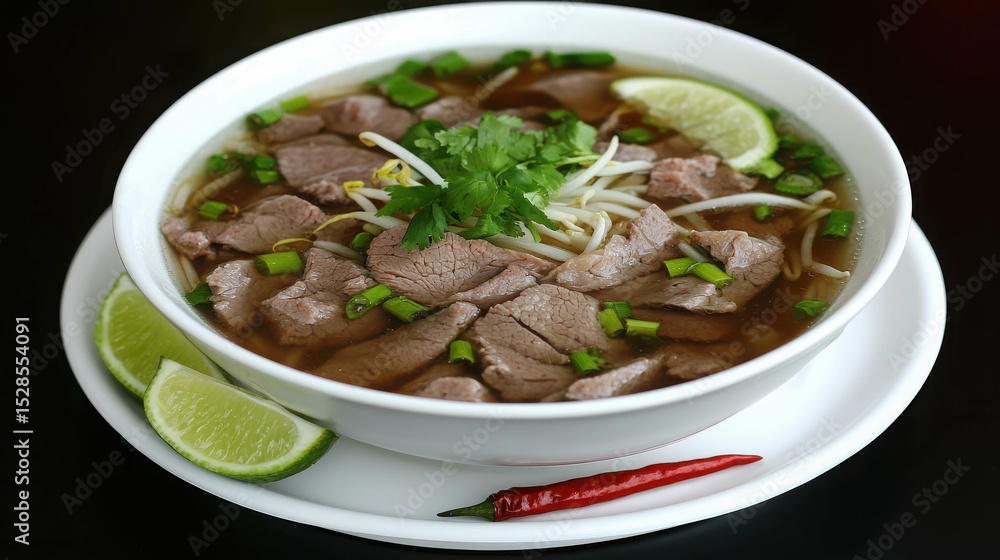 Delicious bowl of pho with tender beef, fresh herbs, bean sprouts, lime wedges, and chili pepper on a dark background Delicious bowl of pho with tender beef, fresh herbs, bean sprouts, lime wedges, and chili pepper on a dark background