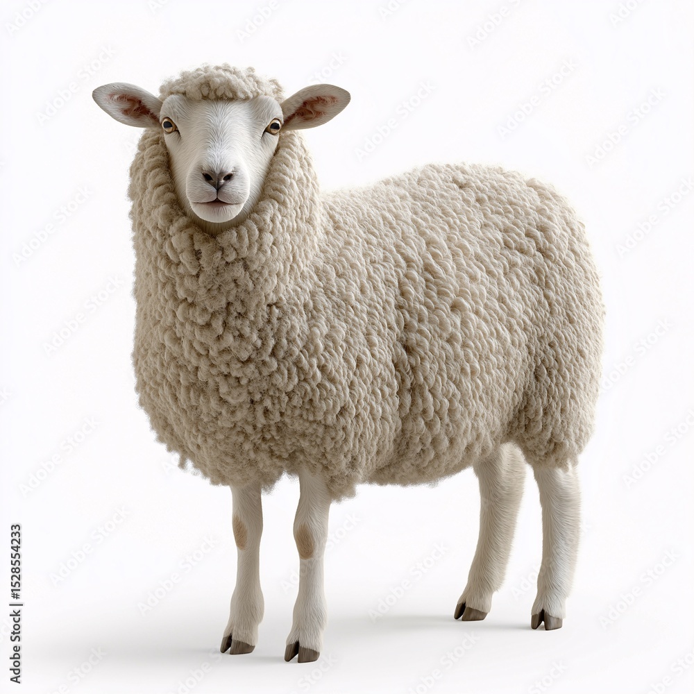 Fototapeta premium Fluffy Sheep Grazing in Rural Pastoral Landscape - Wool Industry Insights and Agricultural Animal Portrait