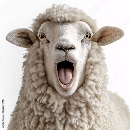 Cute and Comical White Fleece Lamb. Expressive Sheep Portrait in Pastoral Farm Setting with Detailed Fur