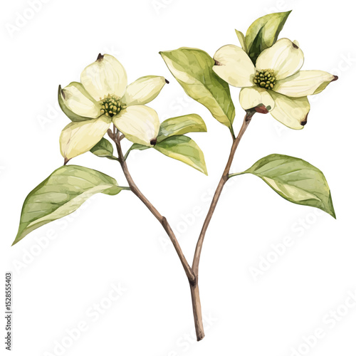 A Dogwood Plant, watercolor clipart vector, high quality, isolated on a white background.