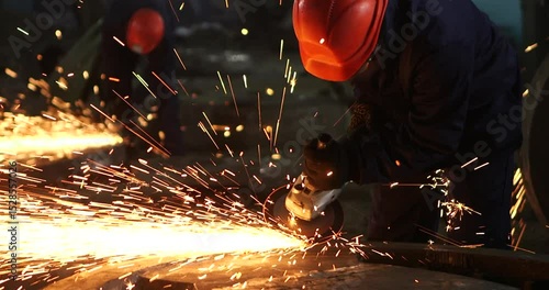 Industrial worker cutting metal with grinder. Sparks while grinding iron