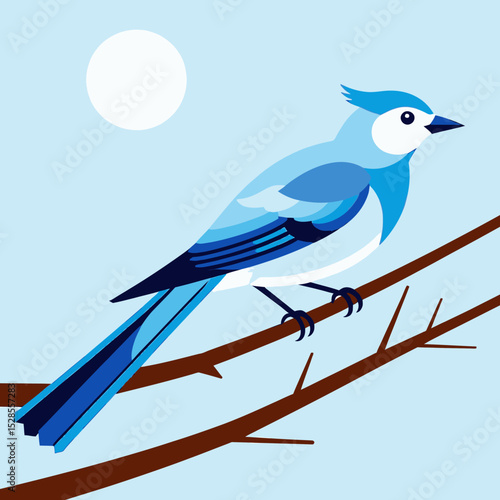 Blue Jay on Branch Illustration- Modern Bird Art with Moon- Minimalist Nature Design- Perfect for Wall Art or Home Decor- Avian Illustration for Bird Lovers