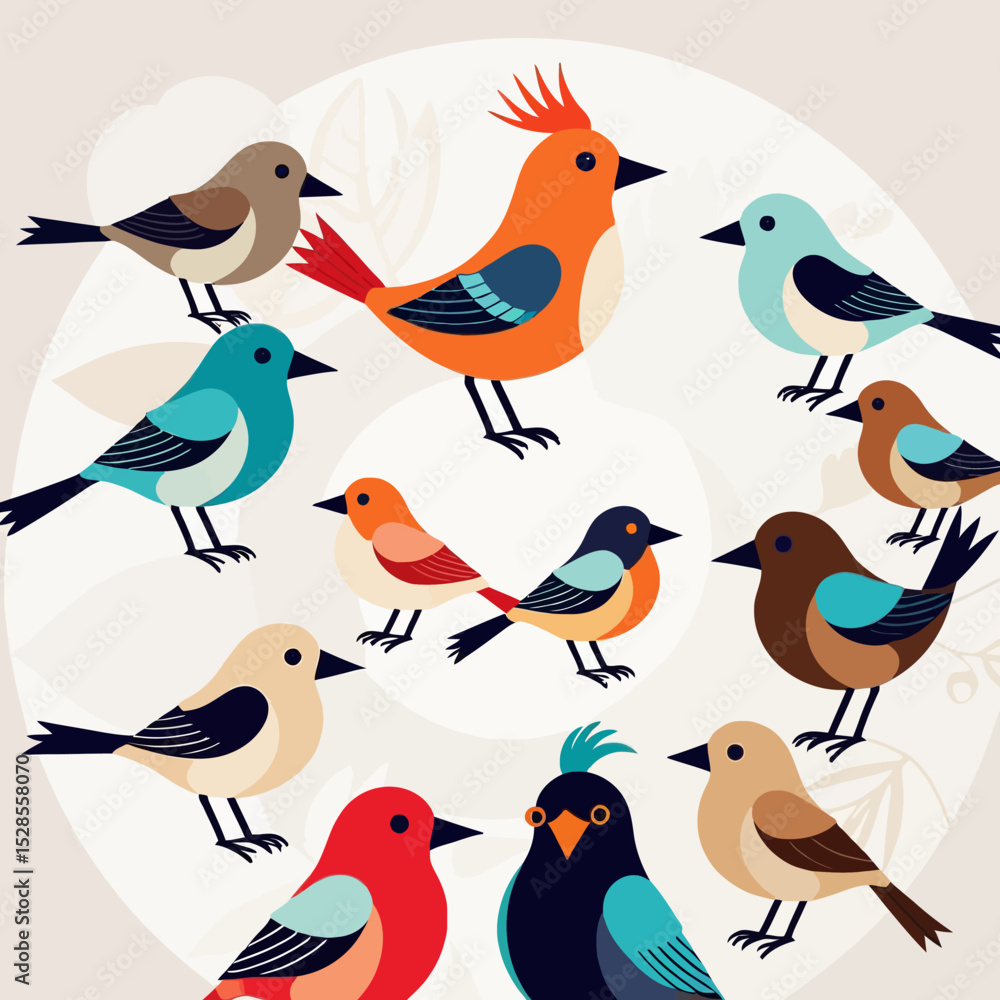 Fototapeta premium Colorful Birds Illustration- Whimsical Bird Art- Cute Bird Cartoon Design- Avian Graphic for Kids- Nature Inspired Illustration- Bird Lover Artwork