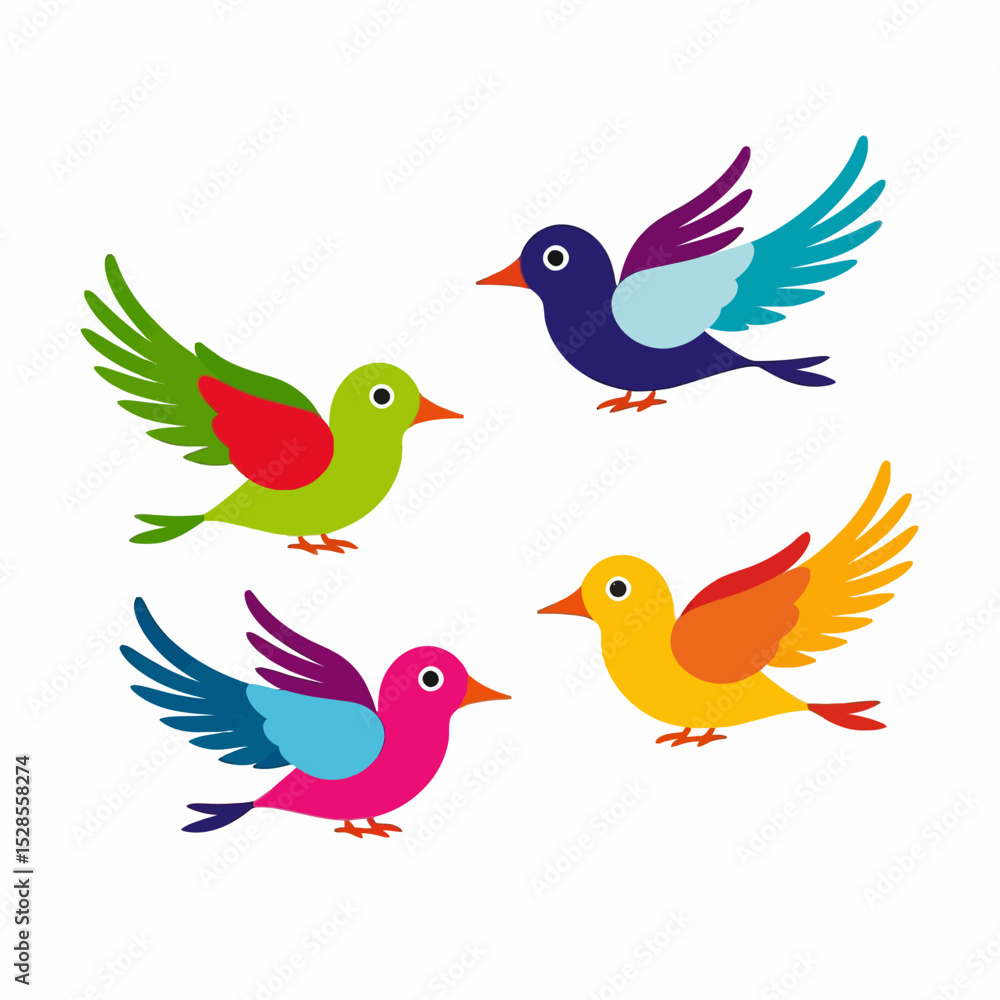 Obraz premium Colorful Cartoon Birds Illustration-Cute Bird Clipart-Vibrant Bird Art for Kids-Cheerful Flying Birds-Perfect for Children's Designs-Bright and Playful Bird Images