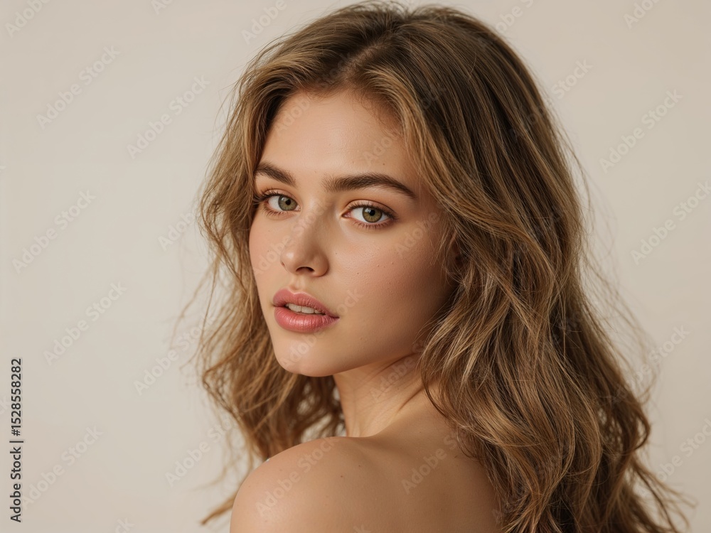 Naklejka premium Elegant Woman Portrait: Graceful Beauty and Alluring Confidence in Soft Natural Light