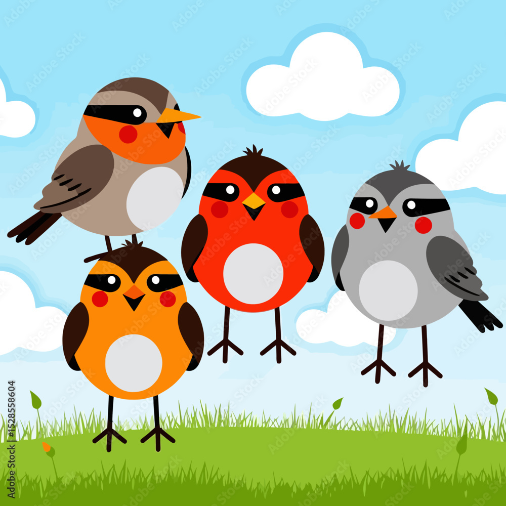 Obraz premium Cute Bird Cartoon Illustration-Colorful Birds on Green Grass-Whimsical Avian Art for Kids-Adorable Bird Characters under a Blue Sky-Playful Cartoon Bird Scene