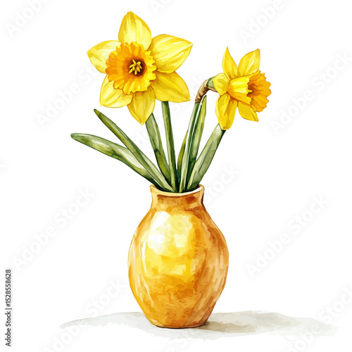 A Daffodil In A Vase, watercolor vector, high quality, isolated on a white background.