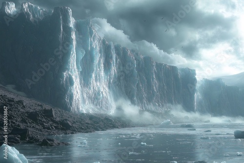 Majestic Arctic Glacier Landscape. Captivating Aerial View of Icy Mountains, Reflective Surface and Dramatic Sky