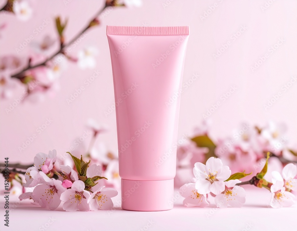 桜とピンクチューブの春限定化粧品モックアップ 桜とピンクチューブの春限定化粧品モックアップ