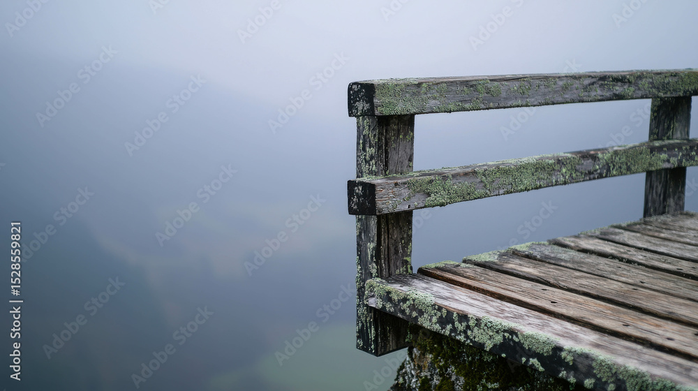 Obraz premium Weathered wooden railing on a foggy cliff overlooking a serene valley in a mountainous landscape, nature's tranquil beauty captured in misty surroundings