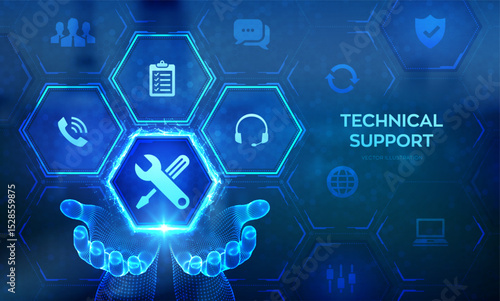 Technical support. Customer help. Tech support icon in wireframe hands. Customer service, Business and technology concept. 24 hours servises. 24-7 support. Vector illustration.