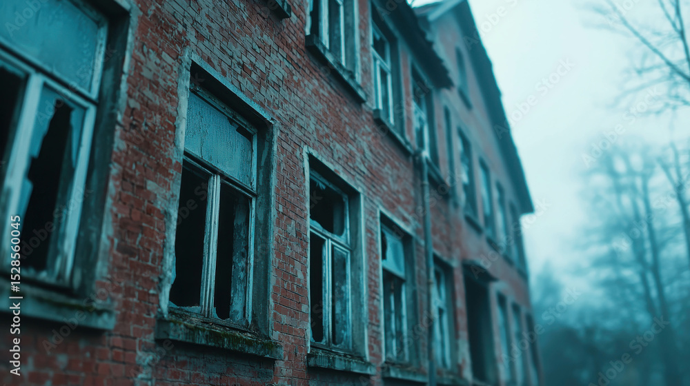 Fototapeta premium Abandoned Building with Broken Windows Surrounded by Trees in Foggy Morning Light, Evoking Mystery and Desolation in Urban Exploration