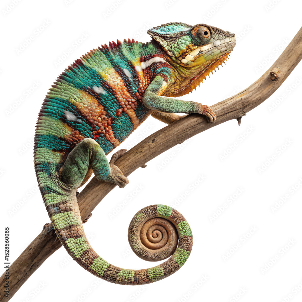 Obraz premium Colorful Panther Chameleon on a Branch Isolated on Transparent Background