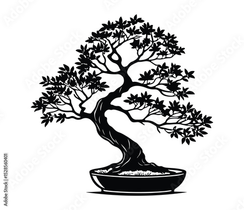 Elegant Black and White Bonsai Tree Design silhouette of a bonsai tree in a ceramic pot.