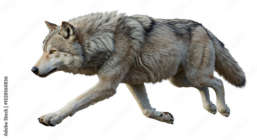 Fototapeta premium A gray wolf running in full stride, showcasing its wild beauty and power in its natural habitat.
