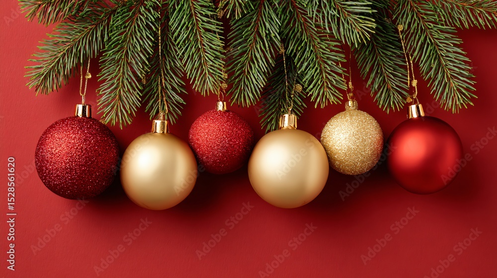 Festive red and gold glass baubles adorn a green pine Christmas tree, perfect for holiday season decoration Festive red and gold glass baubles adorn a green pine Christmas tree, perfect for holiday season decoration
