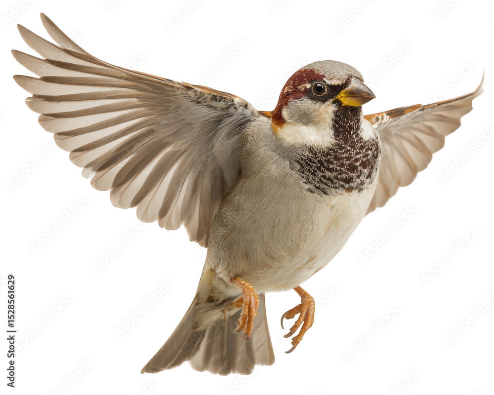 Obraz premium Small bird with outstretched wings is captured mid flight, showcasing its detailed feathers and vibrant colors against transparent background. bird appears lively and dynamic, embodying essence