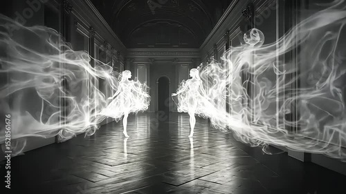 Ethereal dancers in a gothic hall, a dance of light and shadow with ghostly elegance