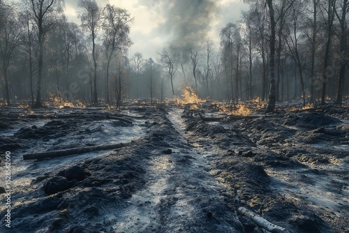 Devastating Wildfire Aftermath. Charred Forest Landscape and Environmental Impact on Burnt Trees and Wildlife Habitat Loss