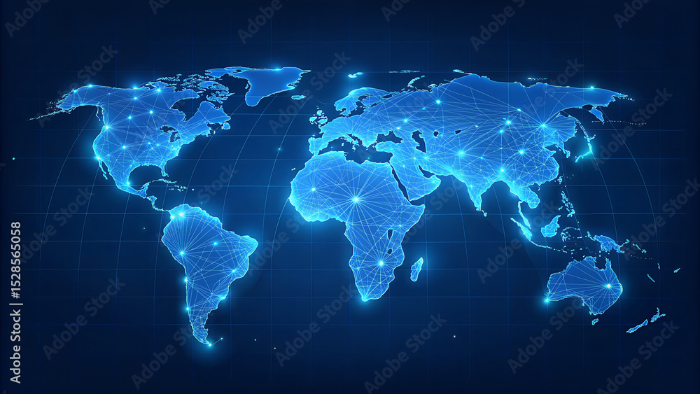 Glowing Blue World Map Network Data Flow Visualization Global Connections Illuminated Polygonal Lines Bright Nodes Glowing Blue World Map Network Data Flow Visualization Global Connections Illuminated Polygonal Lines Bright Nodes