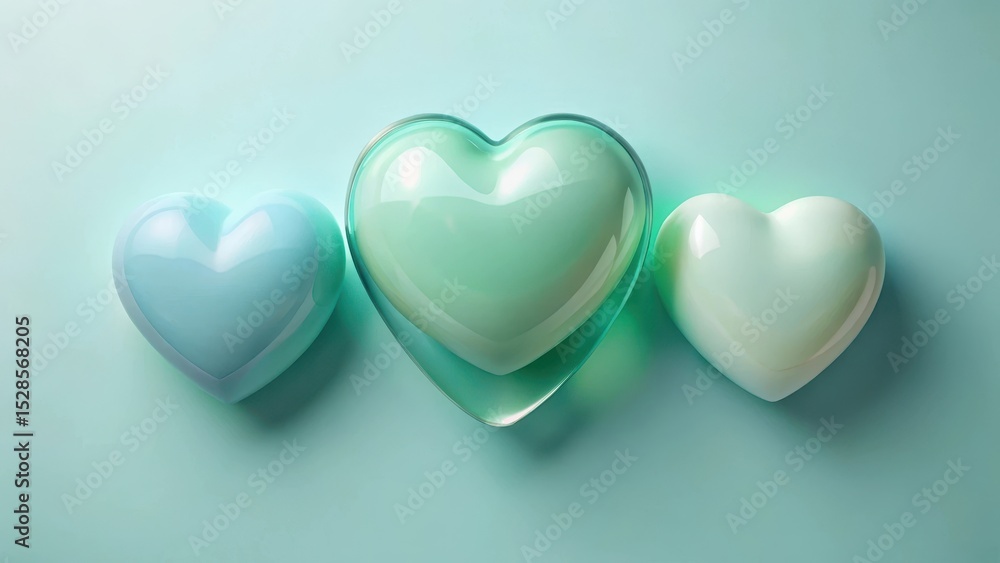 Three glossy heart shapes arranged on a pastel background, representing love, affection, and unity. Three glossy heart shapes arranged on a pastel background, representing love, affection, and unity.