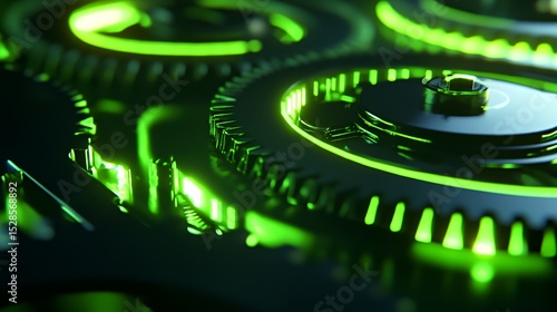 Close-up of intricate gears with glowing green accents in a high-tech setting.