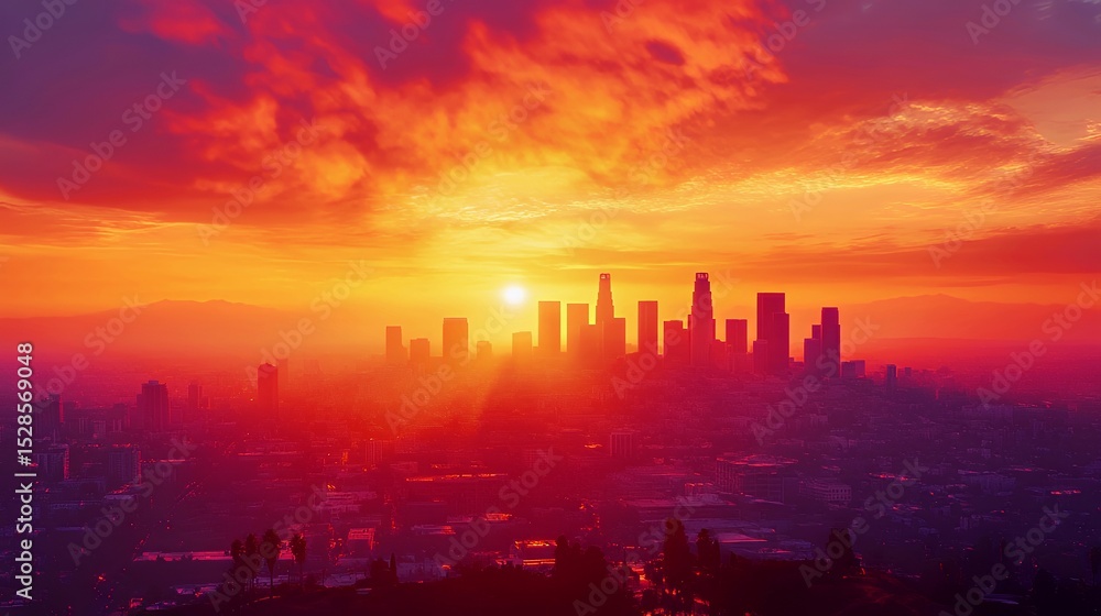 Obraz premium Stunning sunset over a vibrant city skyline, casting warm hues across urban landscapes.