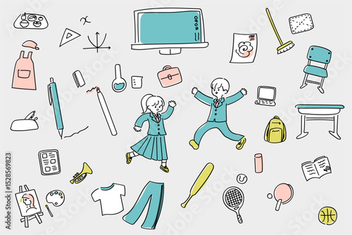中学校・高校の学校生活アイコンセット手描き風イラスト　カラー