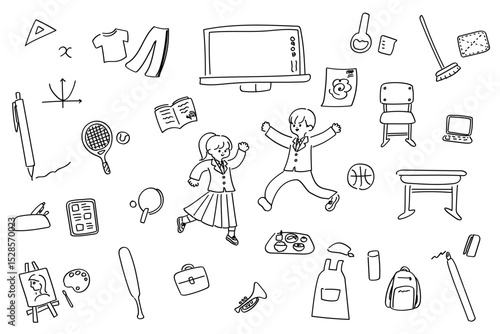 中学校・高校の学校生活線画落書き風アイコンセット