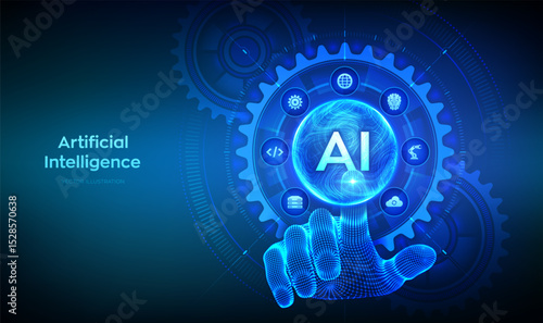 AI. Artificial Intelligence. Machine Learning Concept. Big data. Neural networks. Wavy grid sphere. Wireframe hand touching digital interface with connected gears cogs and icons. Vector illustration.