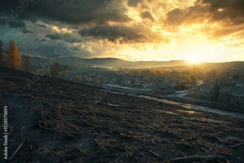 Sunset Landscape Photography. Dramatic Sky over Burnt Forest and Autumn Colors in a Scenic Vista