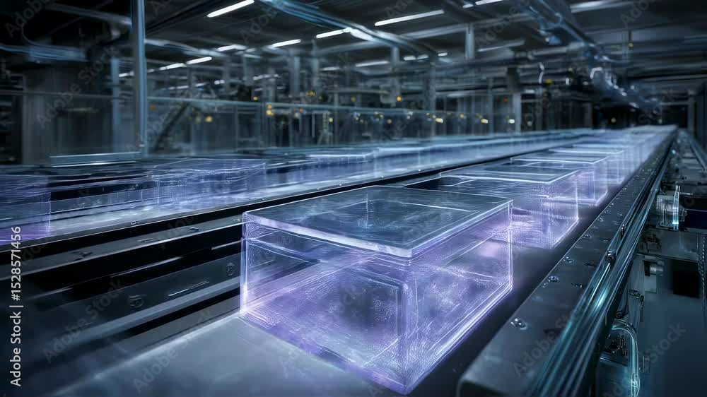 Transparent cubes with purple light inside are moving on an assembly line inside a modern factory, showcasing advanced manufacturing processes Transparent cubes with purple light inside are moving on an assembly line inside a modern factory, showcasing advanced manufacturing processes