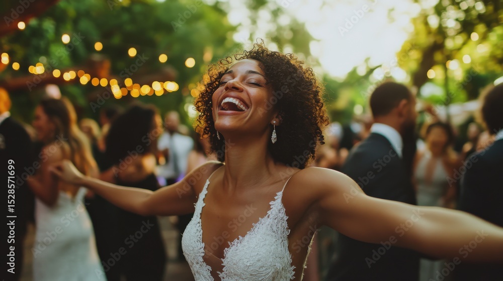 Naklejka premium A joyful bride dances among celebrating wedding guests at night