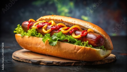A delectable hot dog nestled in a soft, golden bun, adorned with vibrant lettuce, tangy mustard, and rich ketchup, all presented on a rustic wooden board.