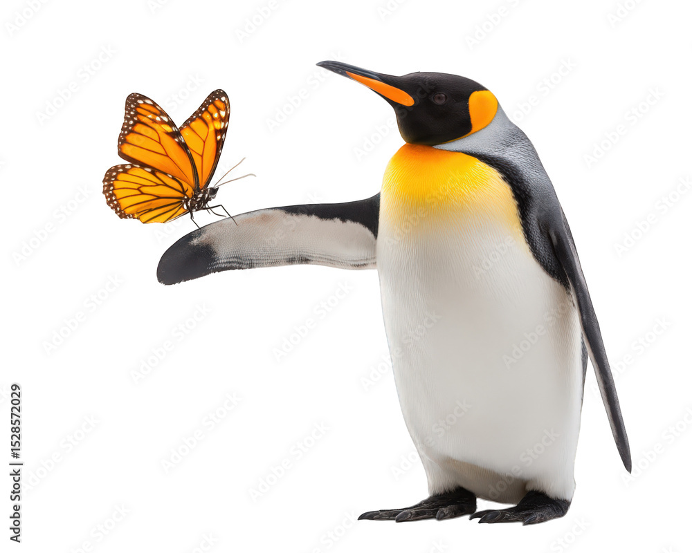 Obraz premium Playful penguin reaching out to catch vibrant butterfly showcases delightful interaction between wildlife and nature. This charming scene captures essence of curiosity and joy