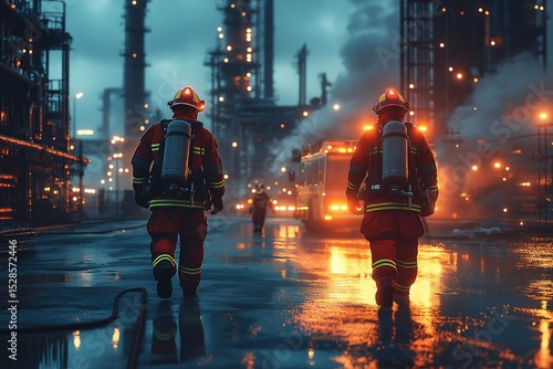 Industrial Cityscape Firefighting. Heroic Response Team in Action at Nighttime Oil Refinery Emergency