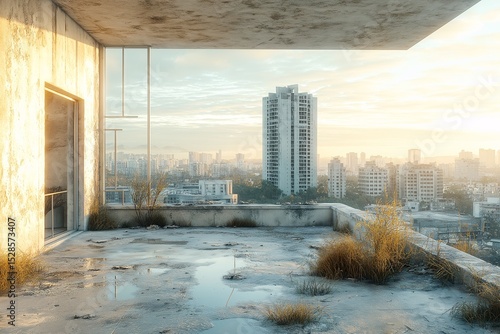 Abandoned Urban Landscape. Overgrown Architectural Decay at Dusk