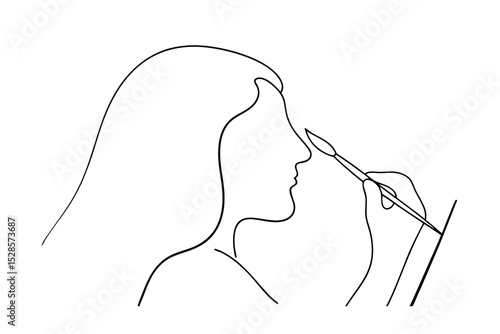 Woman artist line drawing painting self portrait minimalist art