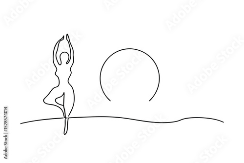 Woman practicing yoga tree pose line drawing sunrise background