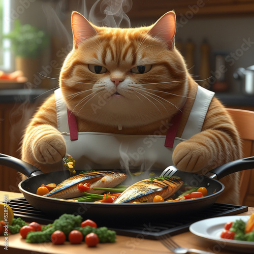 Wallpaper Mural A chubby orange tabby in an apron blankly eats grilled fish and veggies from a steaming pan at a kitchen table—whimsical, absurd, and warmly lit. Generated With AI Image. Torontodigital.ca